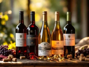 Zeven Zuid-Amerikaanse wijnflessen op rustieke houten tafel met kurken, druiven en warme verlichting