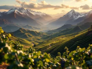 Luchtfoto van Zuid-Amerikaanse wijngebieden met wijngaarden van groene valleien tot besneeuwde Andestoppen