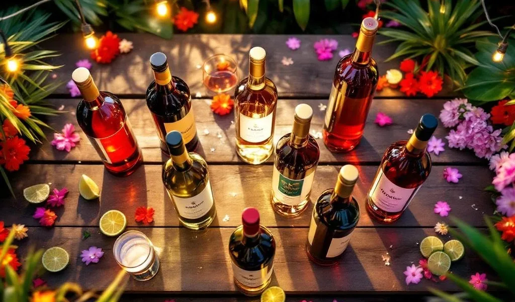 Negen elegante Zuid-Amerikaanse wijnflessen in cirkel op houten tafel met tropische bladeren en feestverlichting