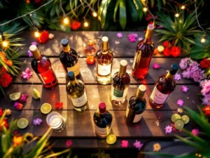 Negen elegante Zuid-Amerikaanse wijnflessen in cirkel op houten tafel met tropische bladeren en feestverlichting