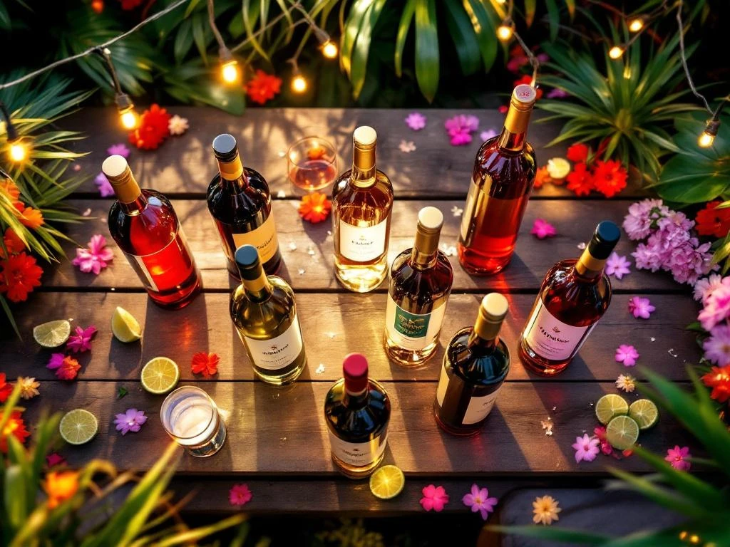 Negen elegante Zuid-Amerikaanse wijnflessen in cirkel op houten tafel met tropische bladeren en feestverlichting