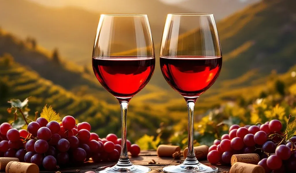 Elegante wijnglazen met rode en gouden Zuid-Amerikaanse wijnen tegen Andes wijngaarden bij gouden uurtje