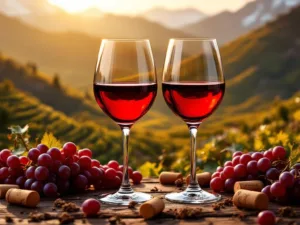 Elegante wijnglazen met rode en gouden Zuid-Amerikaanse wijnen tegen Andes wijngaarden bij gouden uurtje