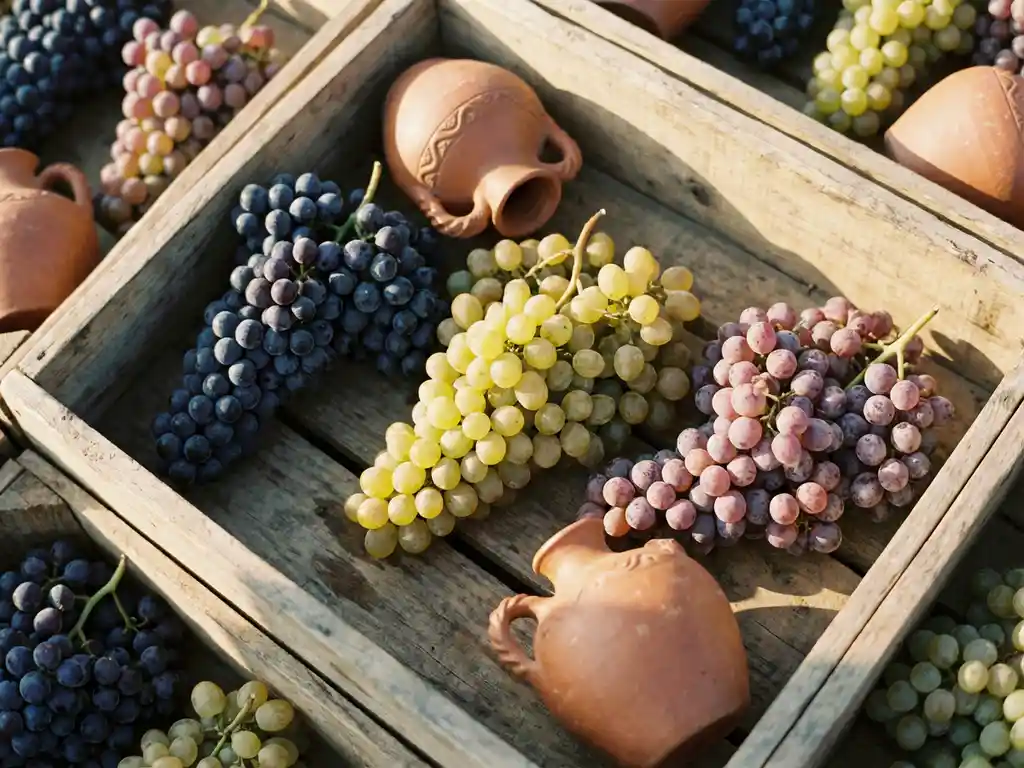 Quebranta, Italia en Torontel druiventrossen op verweerde houten wijngaardkratten met traditionele Peruaanse pisco kleipotten in warm Andeszonlicht