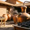 Koperen distilleerketel met stoom in Peruaanse pisco-distilleerderij, Quebranta druiven op houten oppervlakken