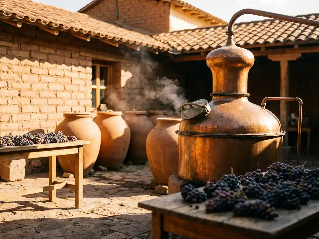 Koperen distilleerketel met stoom in Peruaanse pisco-distilleerderij, Quebranta druiven op houten oppervlakken