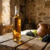 Kristalhelder pisco fles op verweerde houten planken met gouden vloeistof, traditionele Peruaanse kleipot en druiventrossen in warm zonlicht