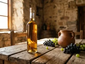 Kristalhelder pisco fles op verweerde houten planken met gouden vloeistof, traditionele Peruaanse kleipot en druiventrossen in warm zonlicht
