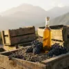 Pisco fles met gouden vloeistof tussen verse Quebranta druiven op houten wijngaardkisten, Andes gebergte op achtergrond