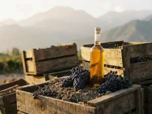 Pisco fles met gouden vloeistof tussen verse Quebranta druiven op houten wijngaardkisten, Andes gebergte op achtergrond