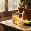 Kristalheldere pisco in glas naast verse limoenpartjes en traditionele kleikruik op rustieke houten tafel in warm zonlicht