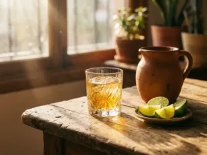 Kristalheldere pisco in glas naast verse limoenpartjes en traditionele kleikruik op rustieke houten tafel in warm zonlicht