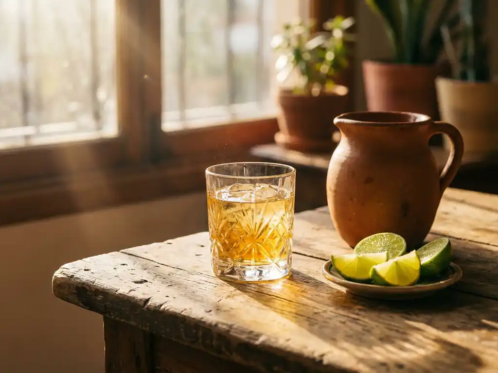 Kristalheldere pisco in glas naast verse limoenpartjes en traditionele kleikruik op rustieke houten tafel in warm zonlicht