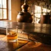 Kristalhelder glas pisco vangt gouden zonlicht op rustieke houten bar, koperen distilleerketel op achtergrond