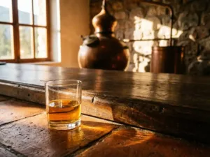 Kristalhelder glas pisco vangt gouden zonlicht op rustieke houten bar, koperen distilleerketel op achtergrond