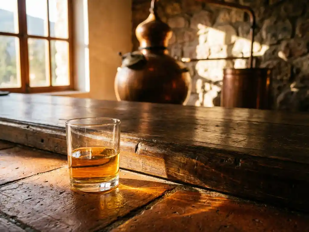 pisco-glas-zonlicht-houten-bar-amber.jpg Kristalhelder glas pisco vangt gouden zonlicht op rustieke houten bar, koperen distilleerketel op achtergrond