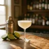 Pisco sour cocktail met witte schuimlaag in coupe glas op houten bar naast verse limoenen en vintage cocktailshaker