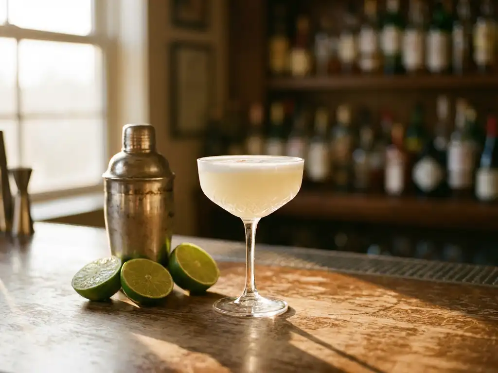 Pisco sour cocktail met witte schuimlaag in coupe glas op houten bar naast verse limoenen en vintage cocktailshaker