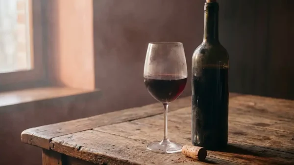 Donkere wijnfles met lichtjes uitgestoten kurk naast een troebel glas rode wijn op rustieke houten tafel.