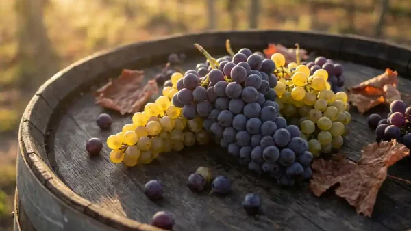 Donkere tannat druiventros met lichtere variëteiten op rustiek houten vat, omringd door losse druiven en gedroogde wijnbladeren in warm Andes-licht.