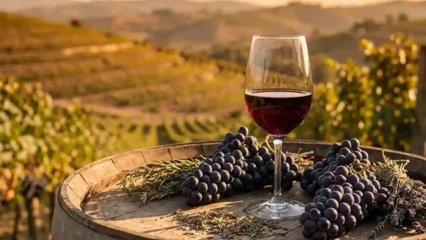 Glas dieprobijnrode tannat-wijn op rustiek houten vat, omringd door donkere druiventrossen en gedroogde kruiden, Andeswijngaard op de achtergrond.