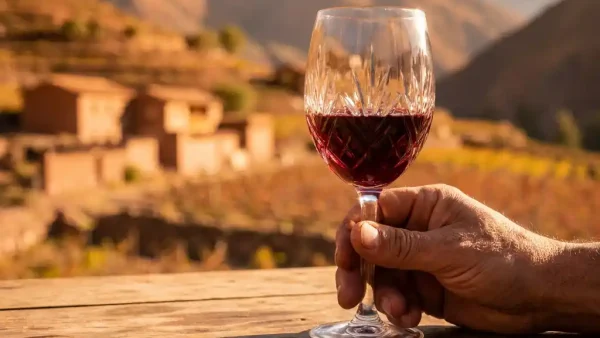Kristallen wijnglas met robijnrode Malbec geheven tegen goudkleurig tegenlicht, met een wazig Andes-wijngaard op de achtergrond.