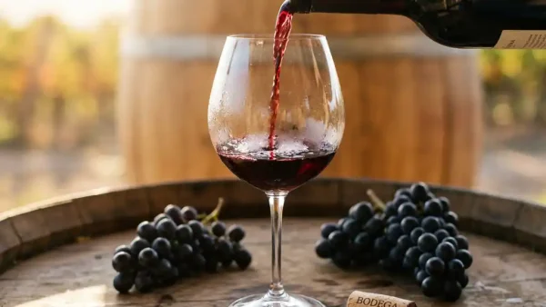 Dieprobijnrode Argentijnse wijn die in een kristallen glas wordt geschonken, met druiventrossen op een rustieke houten tafel in warm Andeszonlicht.