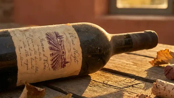 Stoffige wijnfles op rustiek houten oppervlak met gedroogde druivenbladeren, warm Andes-zonlicht en diepe bordeauxrode tinten.