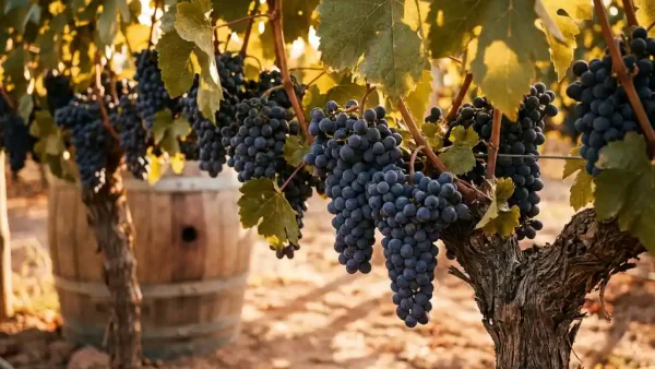 Rijpe tannat-druiventrossen aan wijnstokken in Andijns wijngaard, met terracottabodem en houten vat op achtergrond.