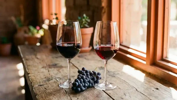Twee wijnglazen met Tannat en Malbec op rustiek houten tafel, druiventros ertussen, warm Andes-licht door terracotta raam.