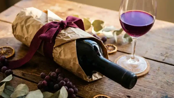 Fles Tannat-wijn in kraftpapier met bordeauxrood lint op houten ondergrond, naast een gevuld wijnglas met violetroode wijn en gedroogde botanicals.