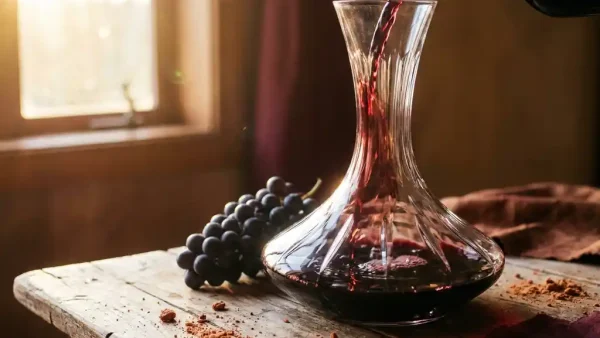 Donkerrode tannat wijn in kristallen decanteerkaraf op verweerd hout, met druiventros ernaast in warm tegenlicht.