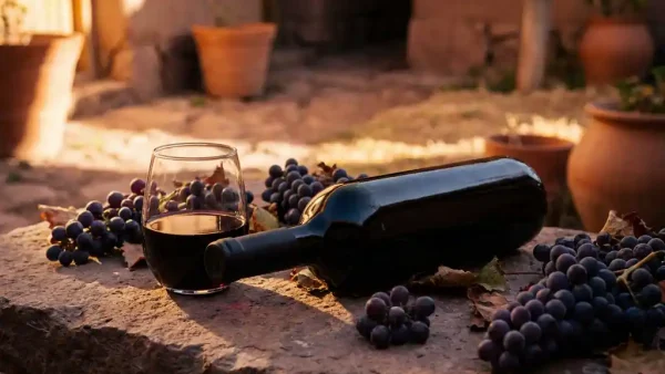 Fles tannat-wijn op zijn zij tussen donkerpaarse druiventrossen op rustiek Andesgesteente, half gevuld glas rode wijn in warm goudlicht.