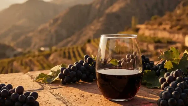 Glas Tannat-wijn met dieprode kleur op terracotta ondergrond, omgeven door donkere druiventrossen met Andesgebergte-wijngaard op de achtergrond.