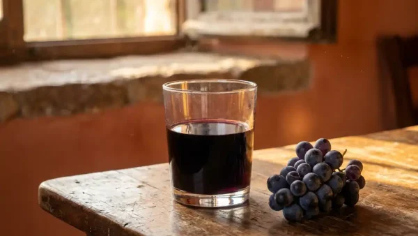 Glas diepviolette tannat-wijn op rustieke houten tafel met donkere druiventros, warm Andes-zonlicht door stoffig raam.