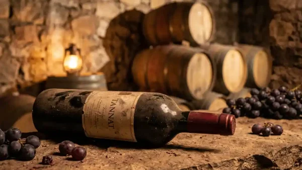 Stoffige fles rode Tannat-wijn op zijn zij in een rustieke Andeswijngrot, omringd door eiken vaten en donkere druiven op verweerd steen.