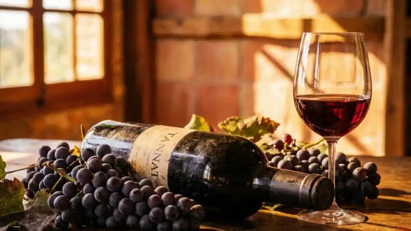 Donkere fles Tannat-wijn op rustiek hout, omringd door dieprode druiven, naast een half gevuld glas met goudkleurig licht.