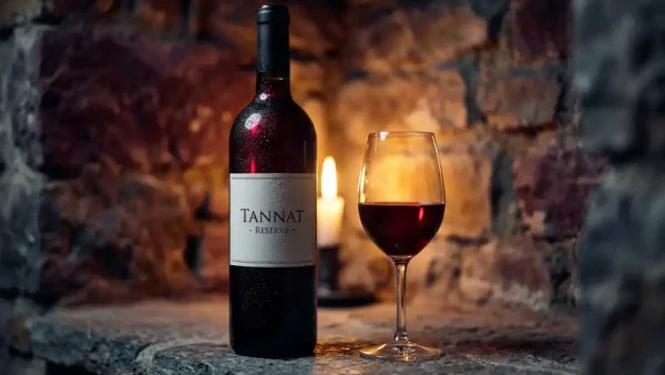 Tannat wijnfles op rustiek stenen oppervlak naast een glas robijnrode wijn in zachte kaarslichtsfeer.