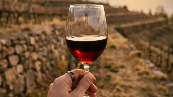 Glas tannat wijn in diep robijnrood geheven tegen Andes-zonlicht, met wazige terrasvormige wijngaard op de achtergrond.