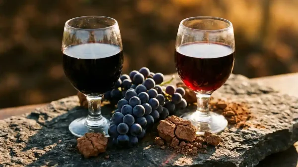 Twee glazen tannat-wijn op rustiek stenen oppervlak, donkerviolet en granaatrood, met verse druiventros en Andes-aarde in warm Peruaans zonlicht.