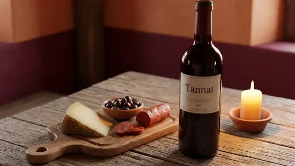 Garnet tannat-wijnfles op rustieke houten tafel met manchegokaas, chorizo en olijven bij kaarslicht.