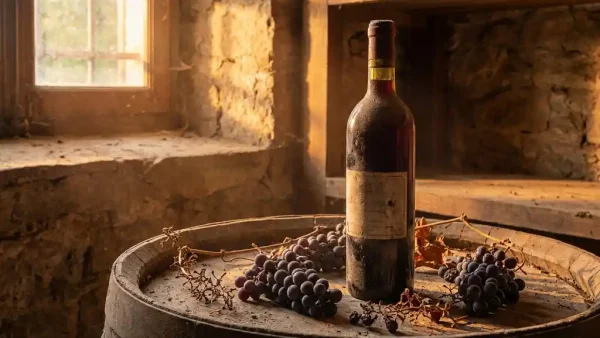 Stofdeksel fles dieprode Tannat-wijn op verweerde eiken vat, omringd door donkere druiventrossen en droge wijnranken in warm Andes-zonlicht.