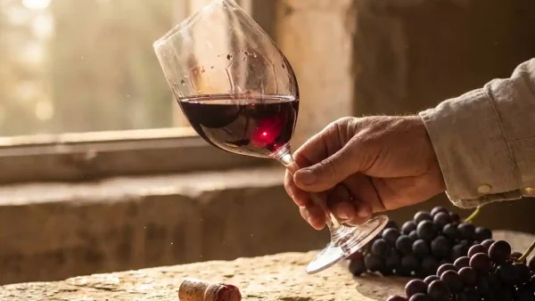 Sommelier kantelt een robijnrood wijnglas in goudkleurig Andes-licht, met druiventrossen en kurk op rustiek stenen oppervlak.