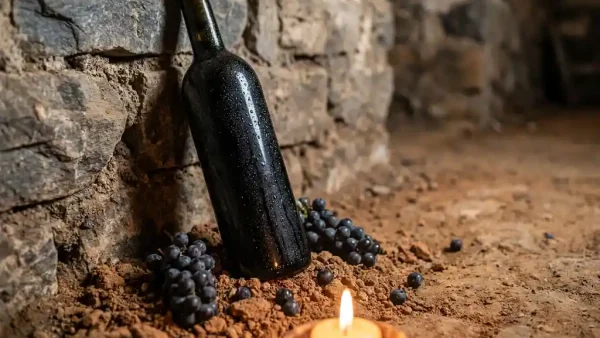 Gekoelde wijnfles met condensdruppels tegen rustieke stenen kelder, omgeven door terracotta aarde en donkere Andesdrui­ven bij kaarslicht.