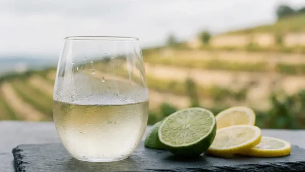 Gekoeld glas witte wijn met condensdruppels, limoen en citroenplakken op leisteen, wijngaardterrassen op de achtergrond.